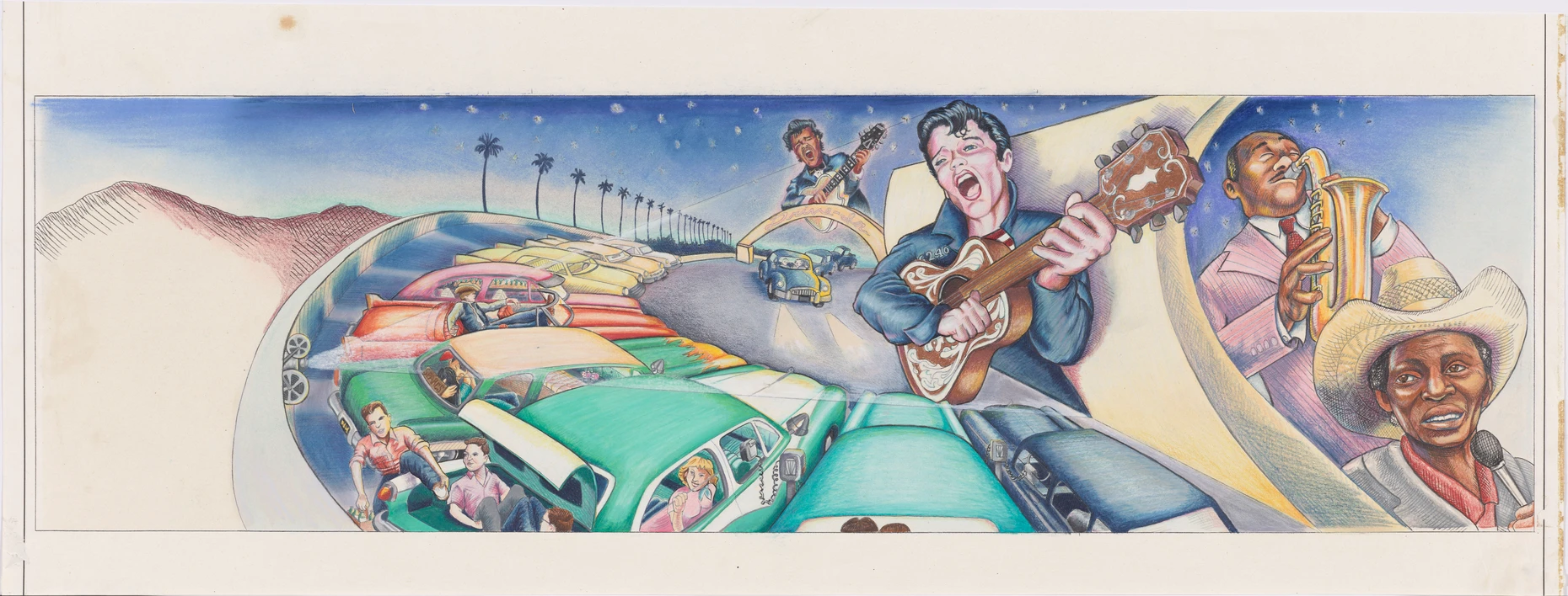 Auch der moderne Rhapsodist Elvis darf im Lucas Museum nicht fehlen: Judith F. Bacas finale Kolorierung für „The Birth of Rock and Roll, from The Great Wall of Los Angeles“ 1950