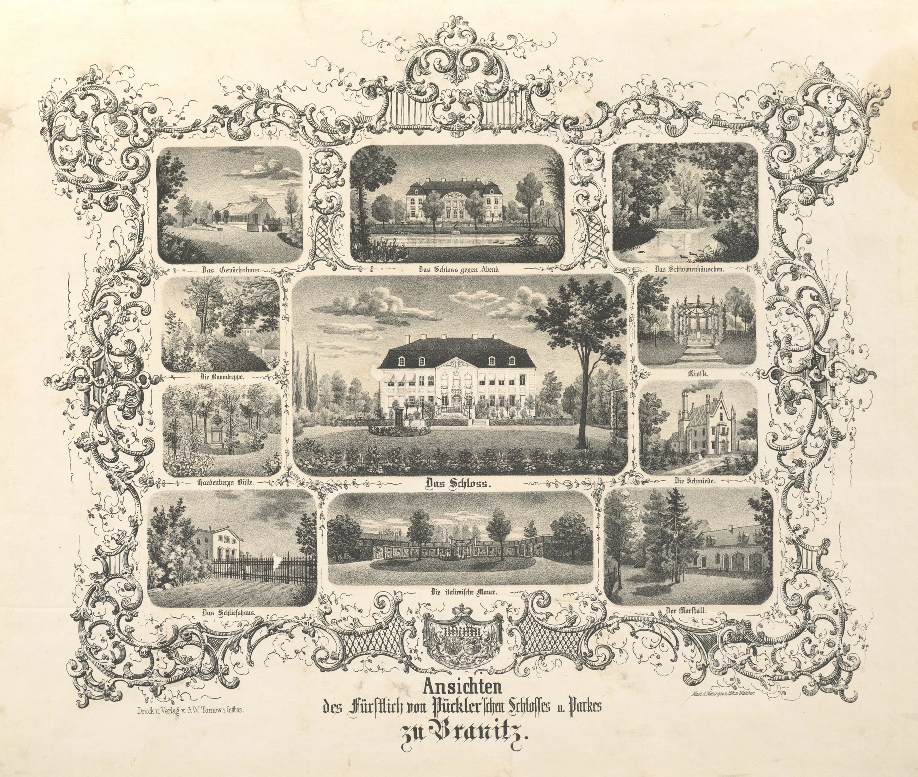 Schloss und Park Branitz, Zeichnung und Lithografie von Walther, Druck: G.W. Tornow, Cottbus 1855