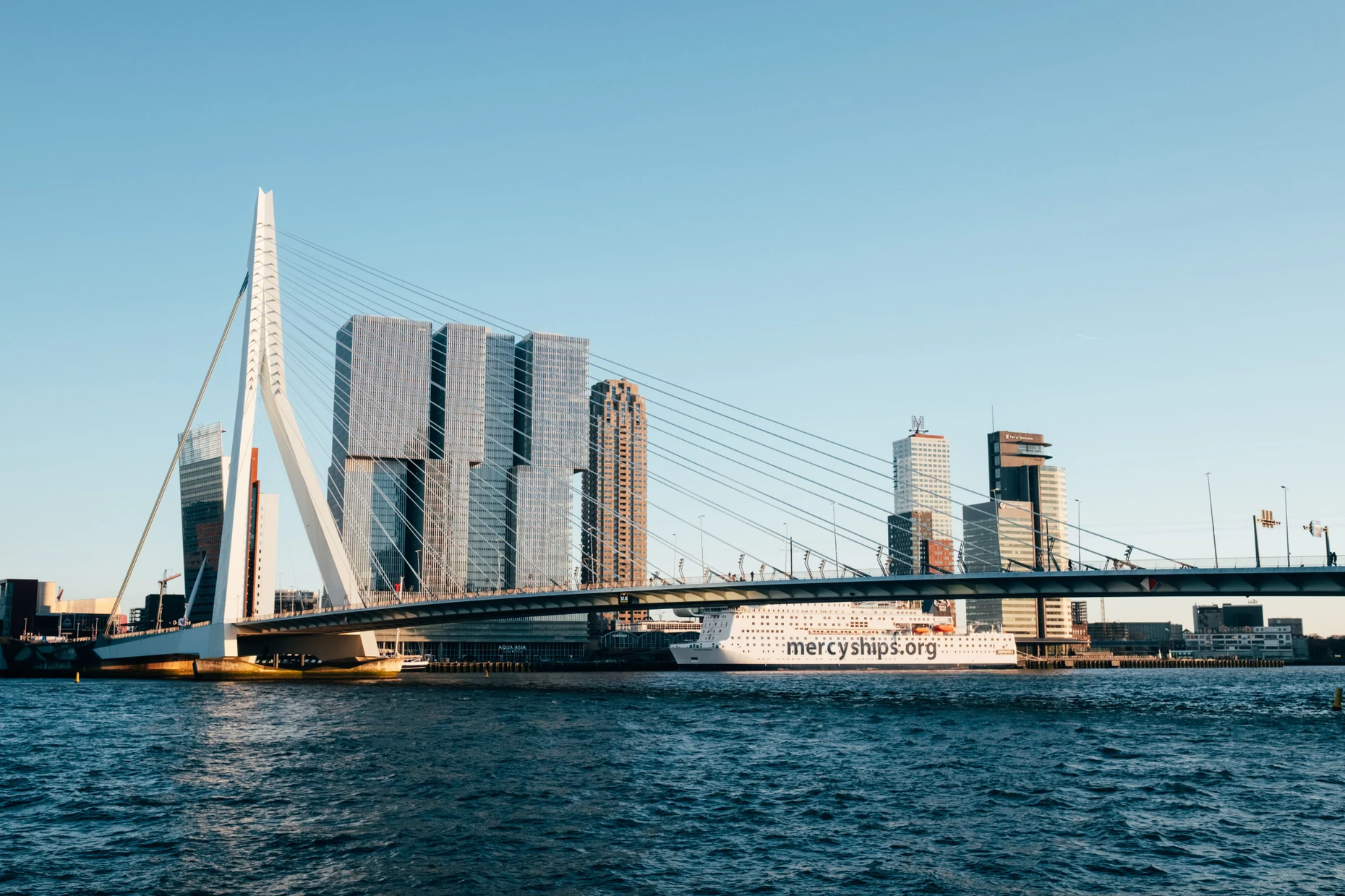 Unter der Erasmusbrücke, in der Nähe des Rotterdamer Hafens fließt auch Rheinwasser der Nordsee entgegen.