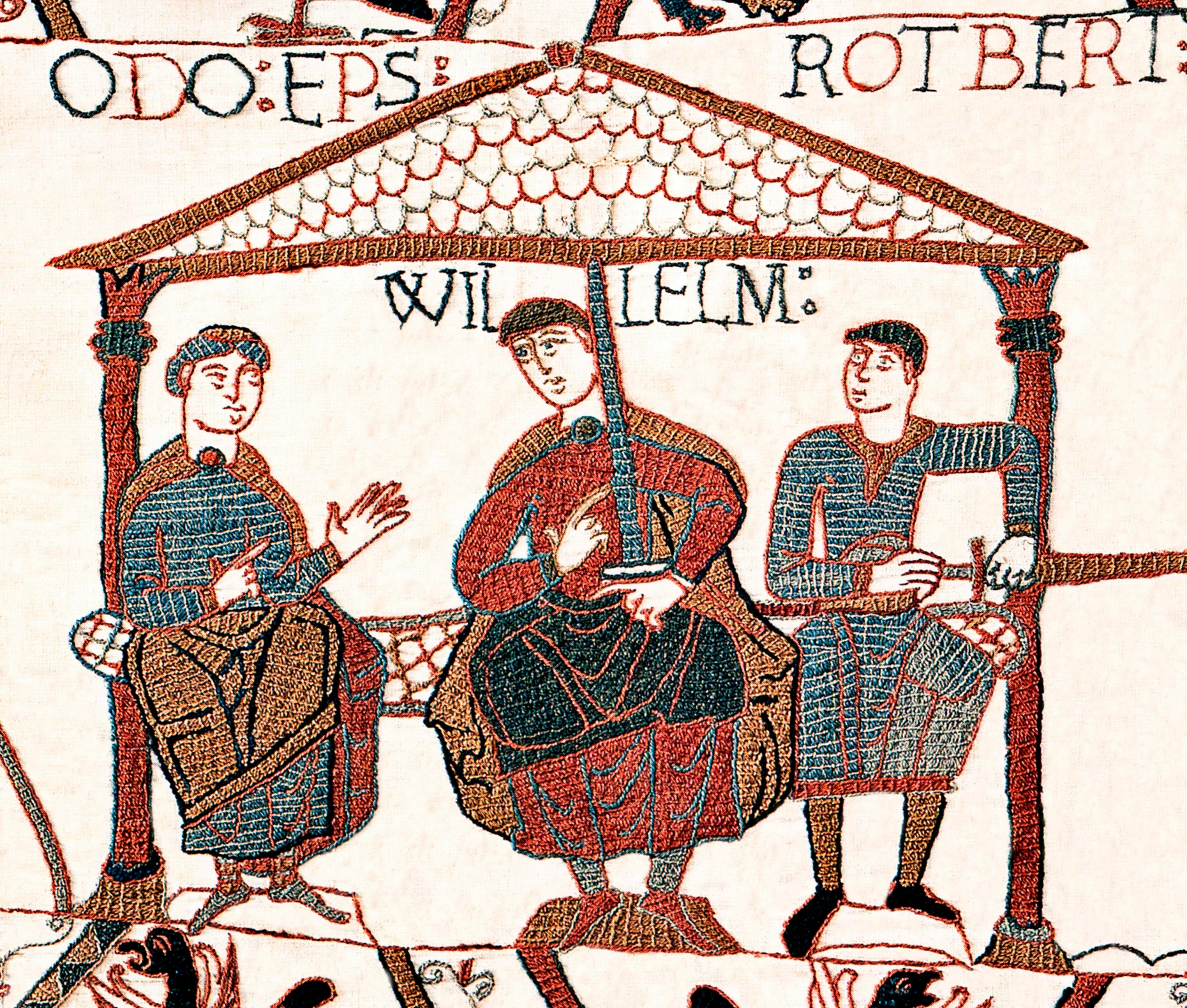 Wilhelm der Eroberer (Mitte) gemeinsam mit dem normannischen Bischof Odo (links), der heute als Auftraggeber des Teppichs von Bayeux gilt
