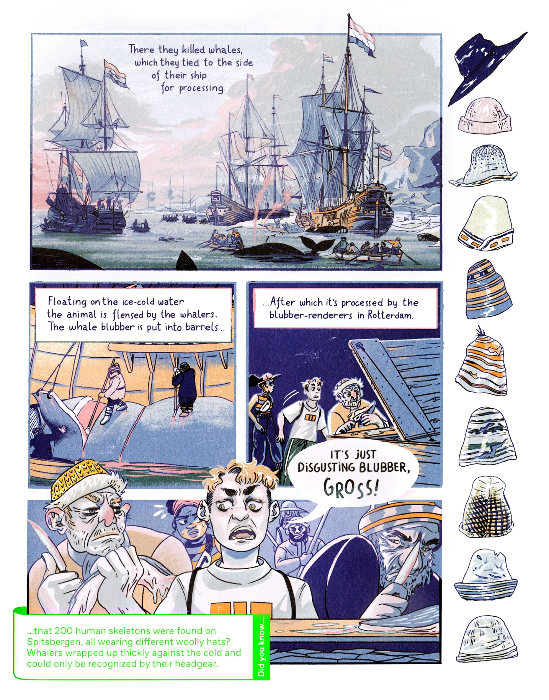 Eine Comicseite des Illustrators Sterric über die jahrhundertealte Fischfangtradition Rotterdams. Links sind Wollmützen zu sehen, an deren individuellen Mustern sich die wegen der arktischen Kälte in Spitzbergen dicht vermummten Walfänger erkannten.