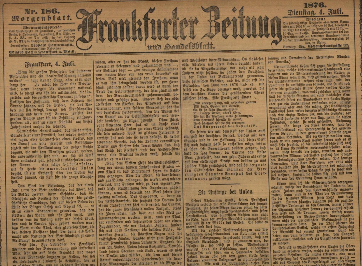 Frankfurter Zeitung vom 4. Juli 1876