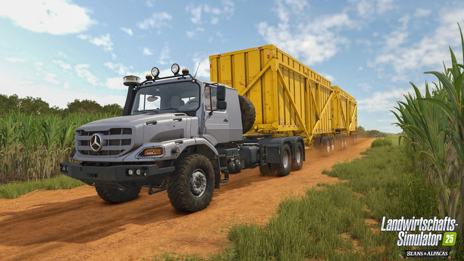Dem Landwirt in südamerikanischer Landschaft helfen Lkw von Mercedes-Benz Trucks.