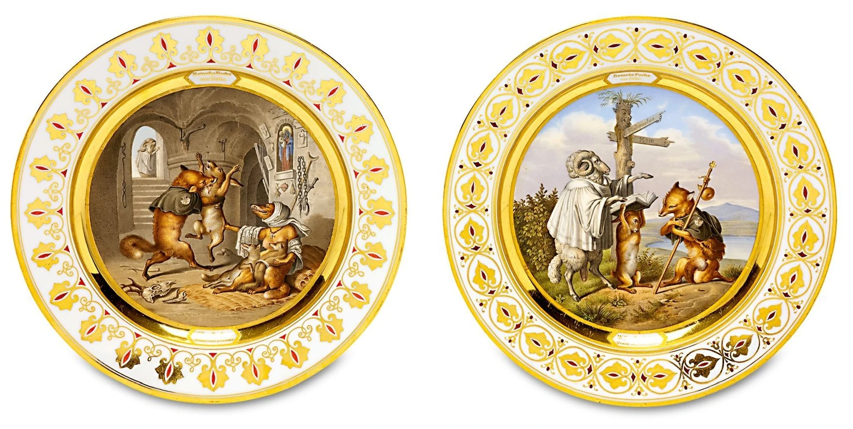 Taxe 6000 bis 8000 Euro: Bildtellerpaar mit Szenen aus „Reineke Fuchs“, Nymphenburg, um 1850, Malerei von Ferdinand le Feubure