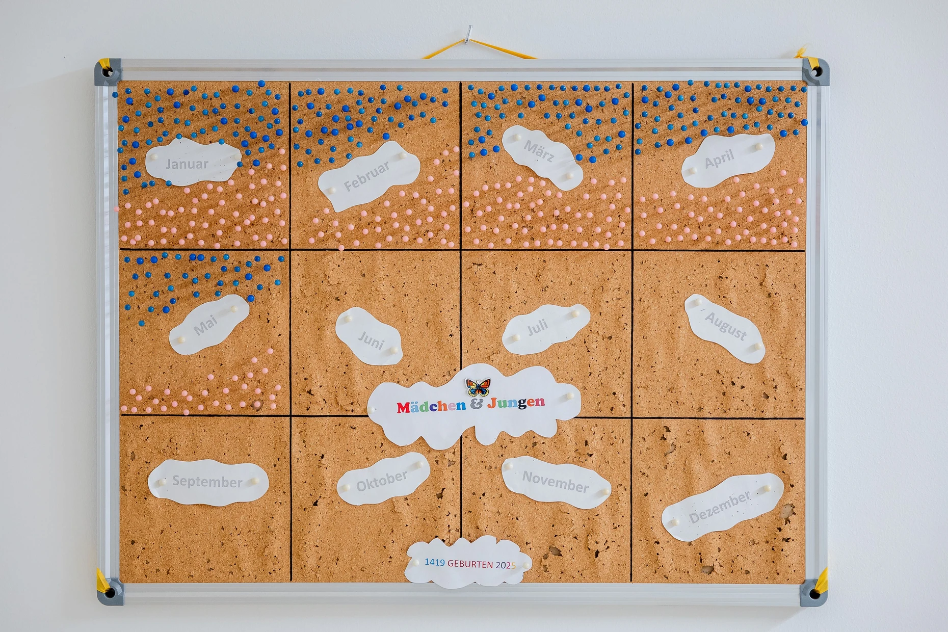 Geburtsanzeigen: Detail einer Notiztafel mit Pins, auf denen die die Geburten (Jungen blau, Mädchen rosa) der jüngeren Zeit verzeichnet sind