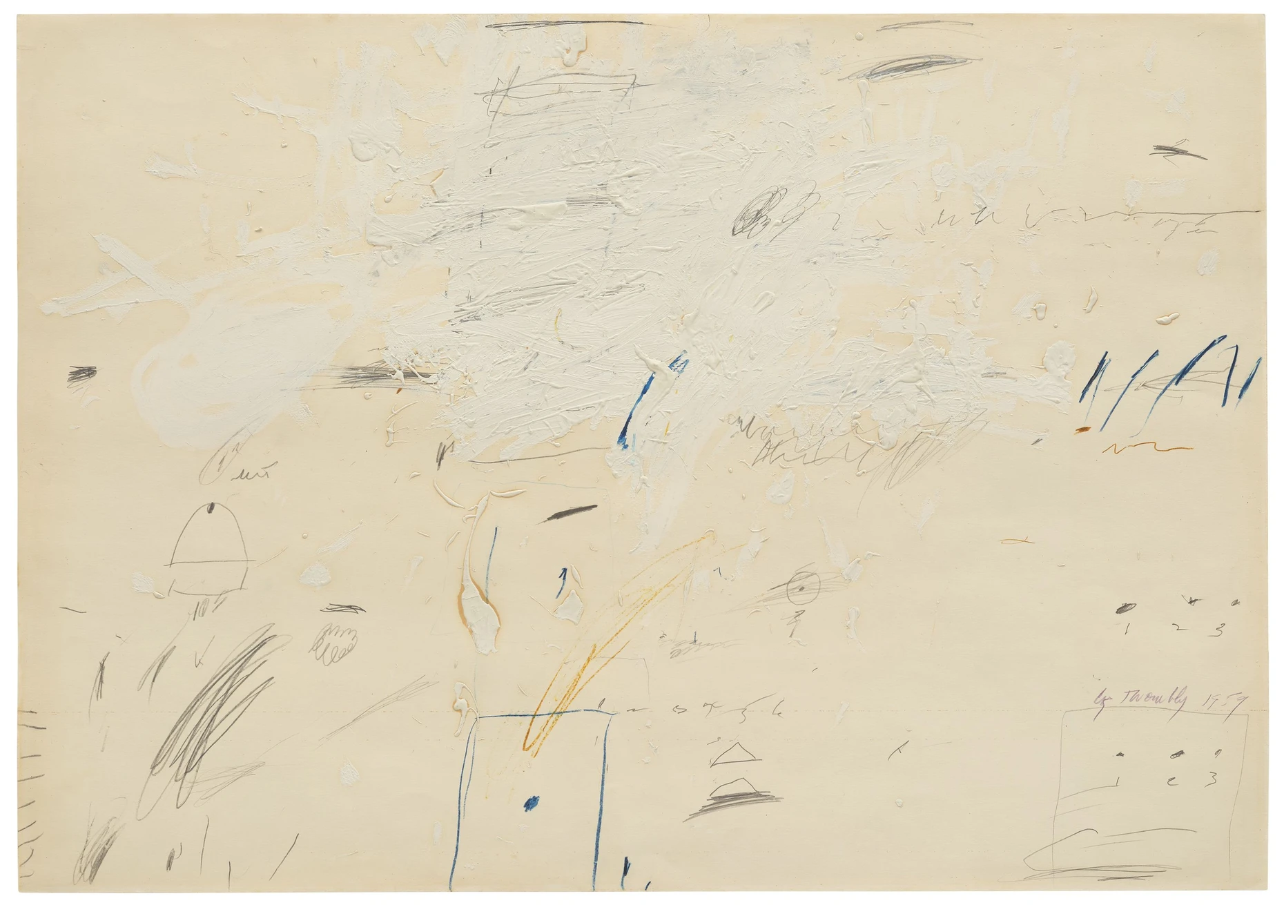Graffitis und Kritzeleien, Streichungen und Übermalungen: Cy Twombly, „Sperlonga drawing“, 1959, Mischtechik auf papier, 70 mal 100 Zentimeter