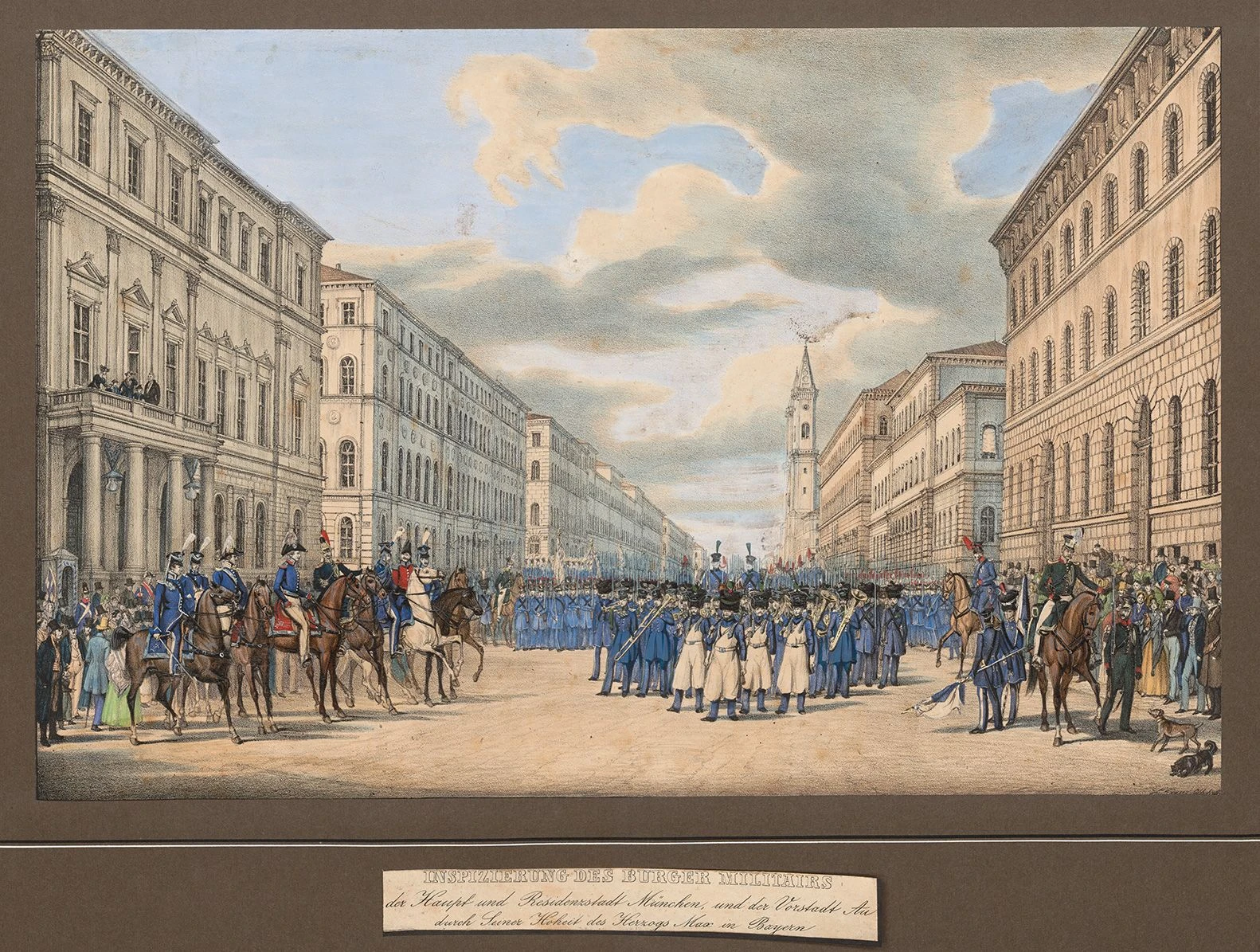 Florentinisch: die Untere Ludwigstraße mit den Palästen Leo von Klenzes als Paradeplatz auf einer Farblithographie von Gustav Kraus von 1842