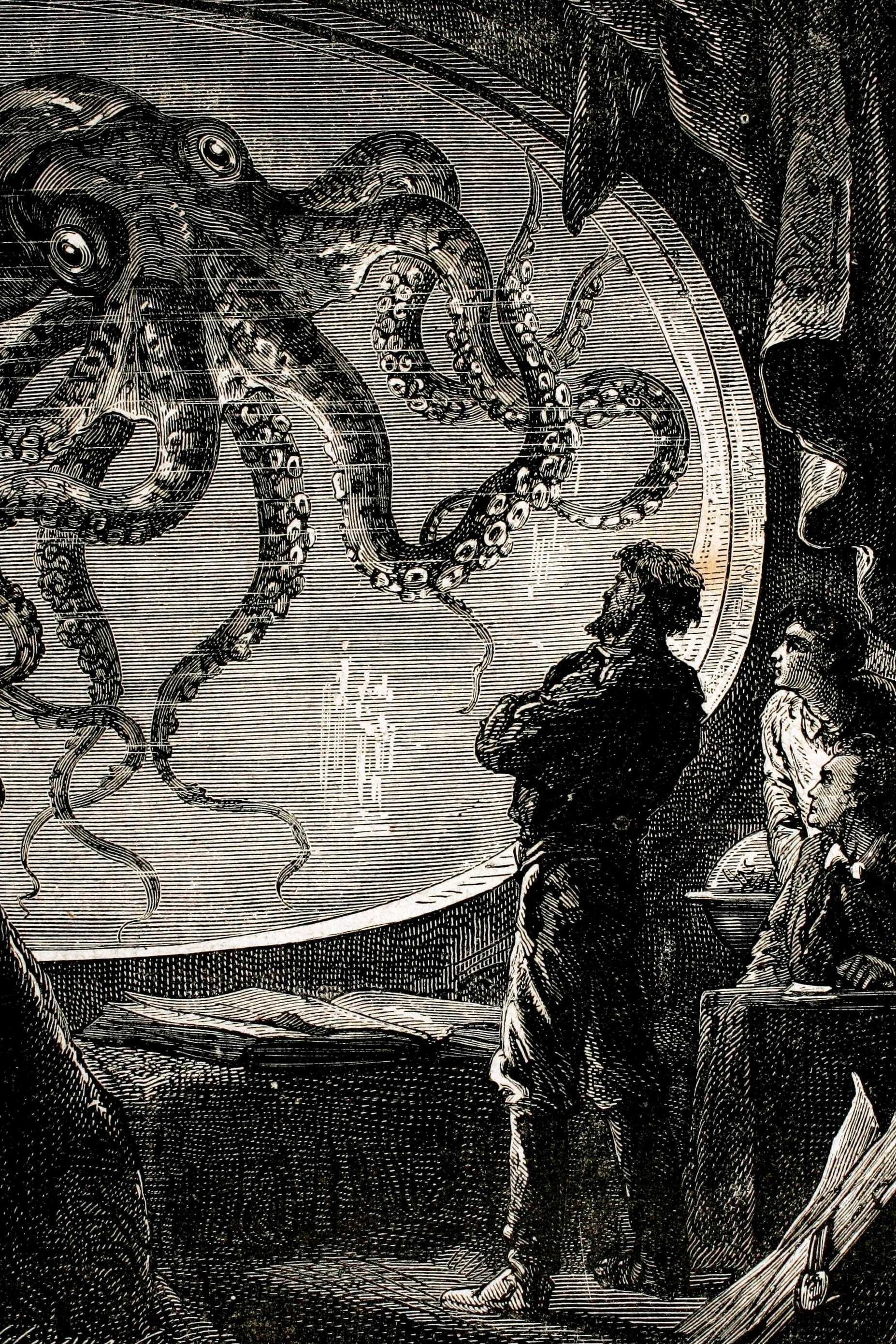 Kalmar oder Oktopus? Illustration zu Jules Vernes Buch „Zwanzigtausend Meilen unter dem Meer“ von Alphonse Marie de Neuville
