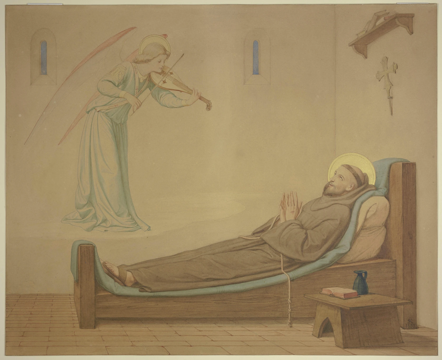 Zu lieblichen Klängen gebettet: Franz von Assisi in seiner Mönchszelle: Illustration aus der Mitte des neunzehnten Jahrhunderts