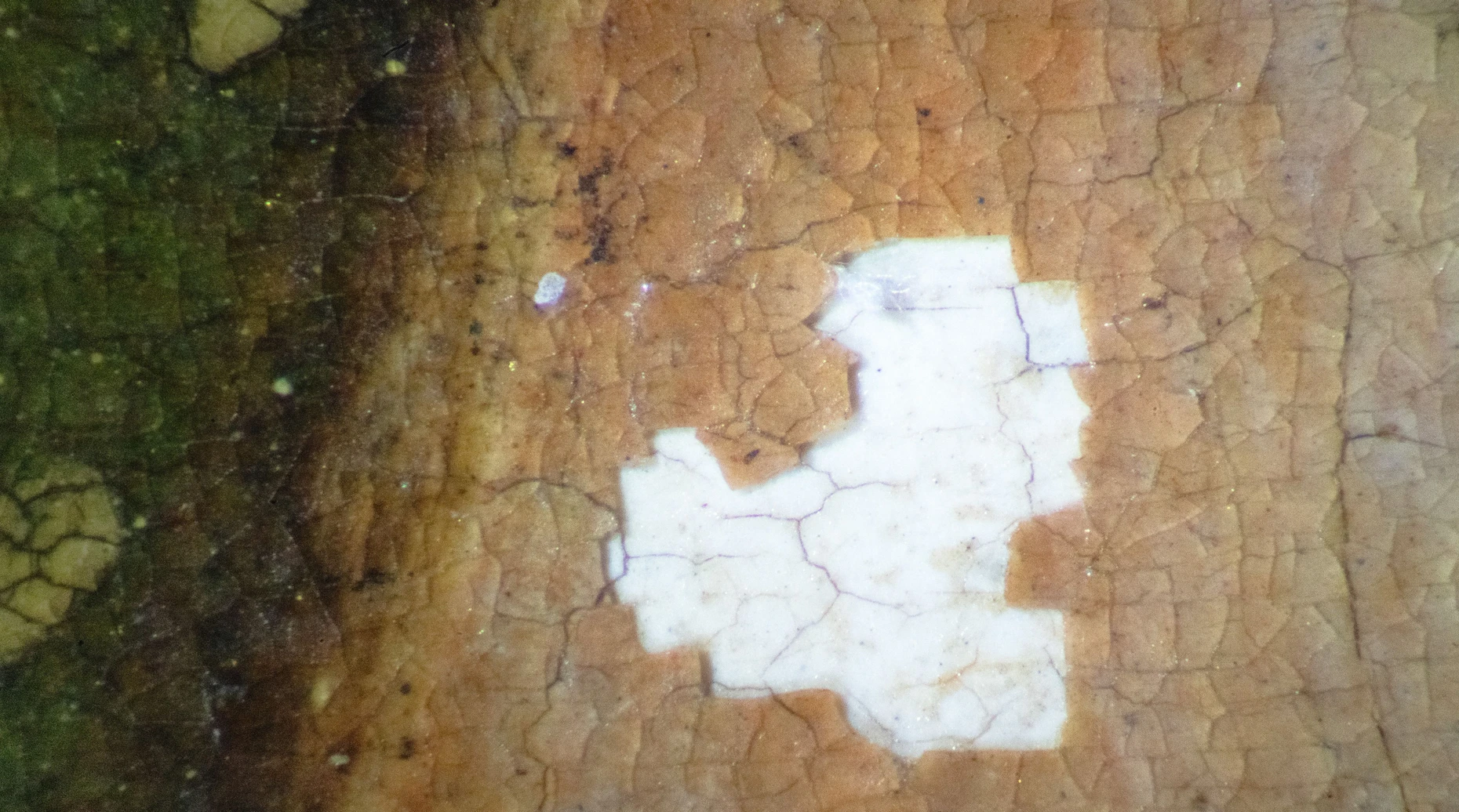 Detail der Schäden im Mariengesicht unter dem Mikroskop