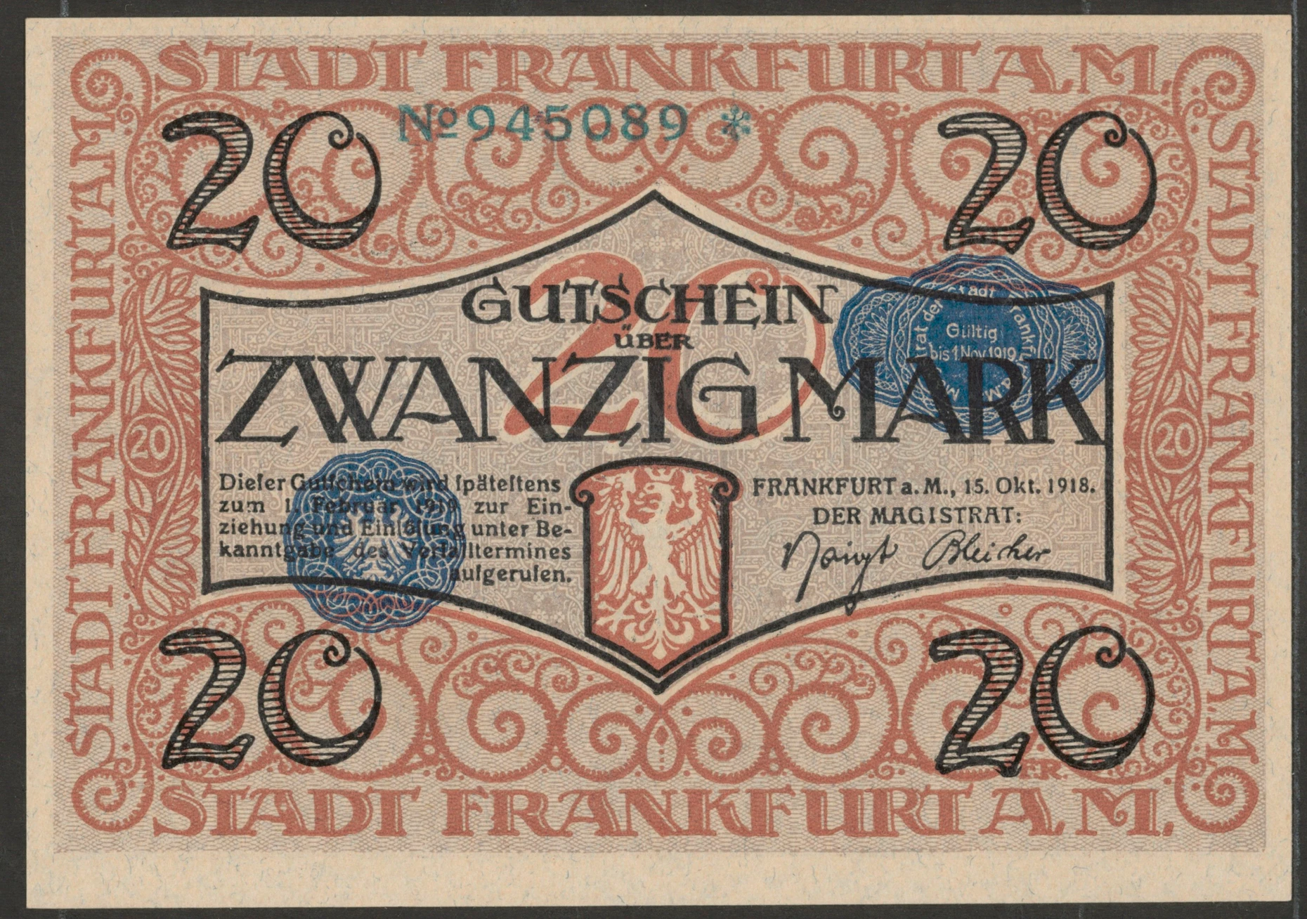 Als Frankfurt eigenes Geld ausgab: Notgeld von 1918, mit dem Krankenkassen Geld auszahlten an Bürger, die an der Spanischen Grippe litten.