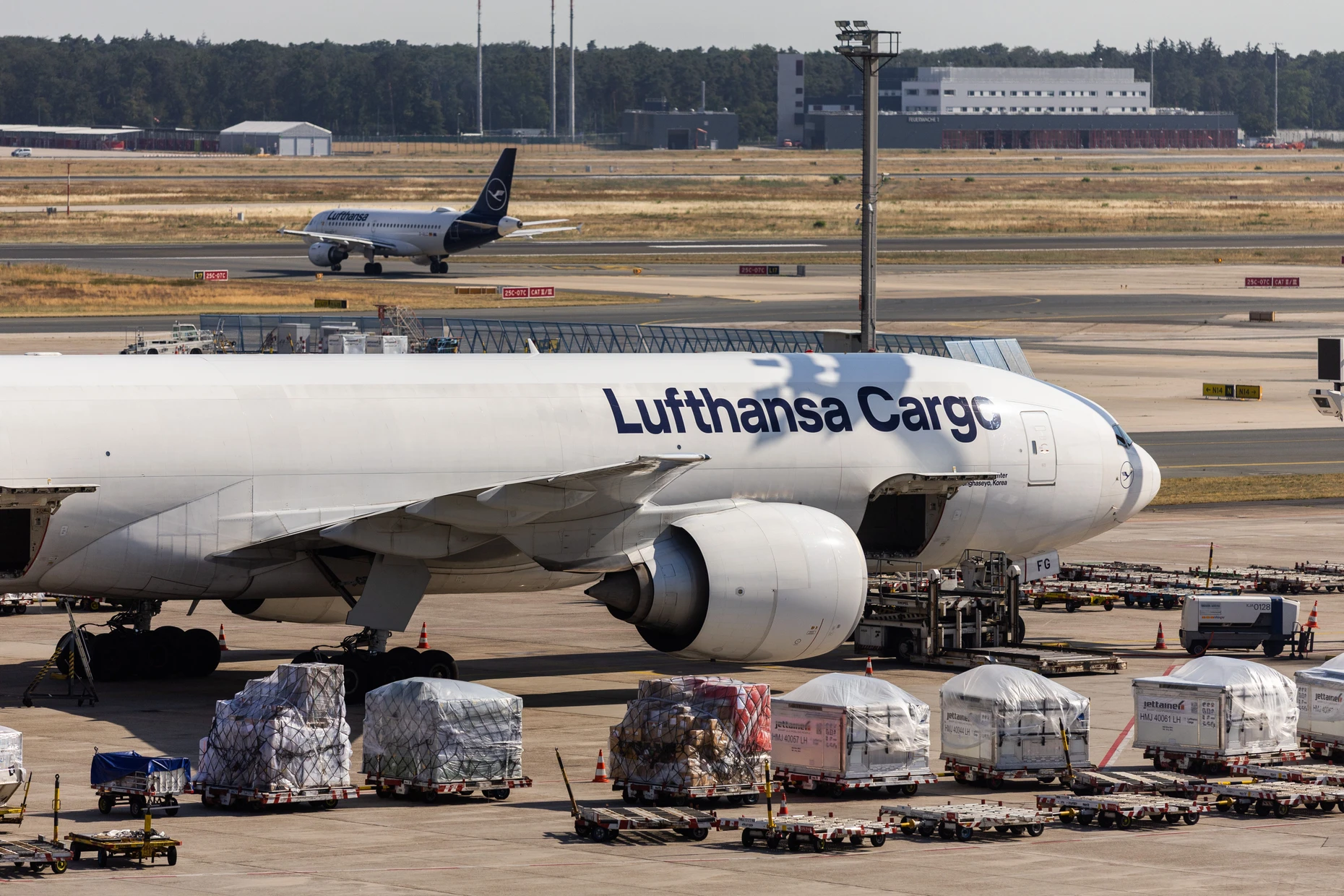 Auf dem Frankfurter Flughafen stehen vor einem Flugzeug der Lufthansa Cargo Frachtstücke