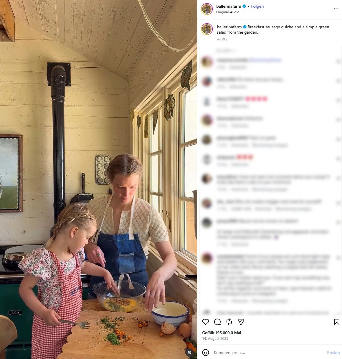Ofen, Holztisch, Schürze, Kochen: Screenshot vom Instagram-Account von „Ballerinafarm“