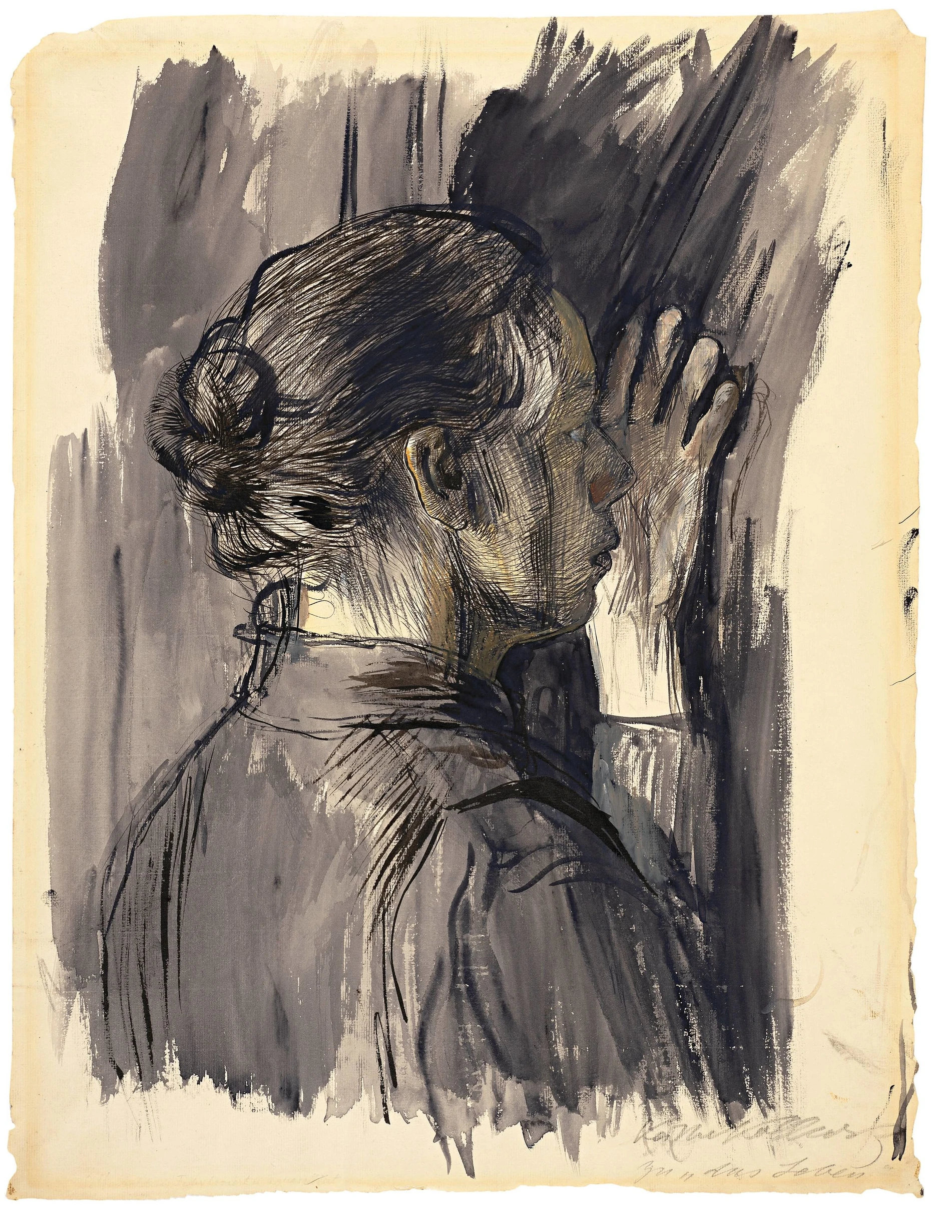Schätzpreis 600.000 Franken: Käthe Kollwitz, „Selbstbildnis am Fenster“, um 1900, Tusche und Aquarell auf Papier, 56,8 mal 43,9 Zentimeter