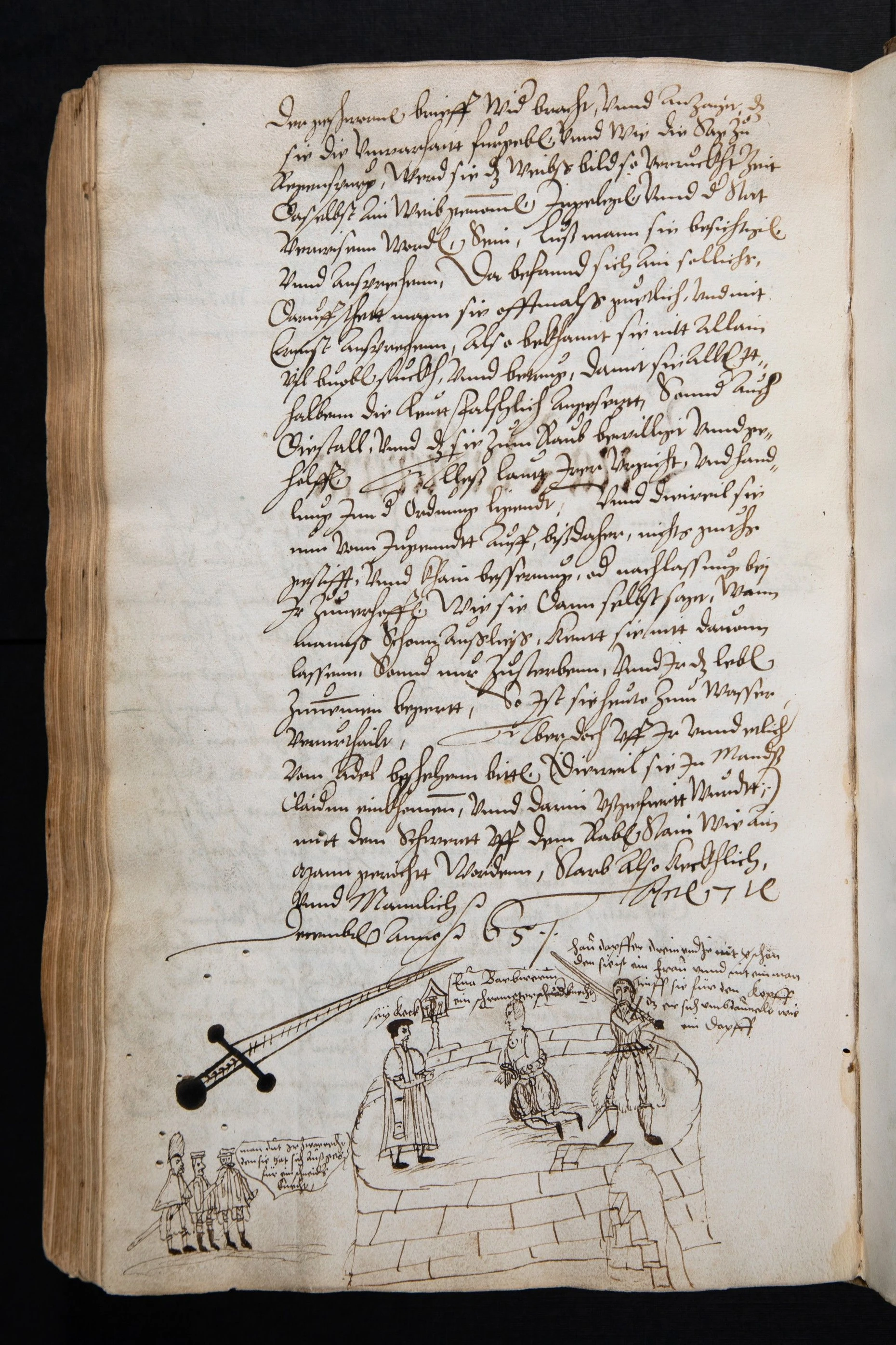 Zeichnung von der Hinrichtung von Eva/Adam Barbierer in Nördlingen aus dem Jahr 1565