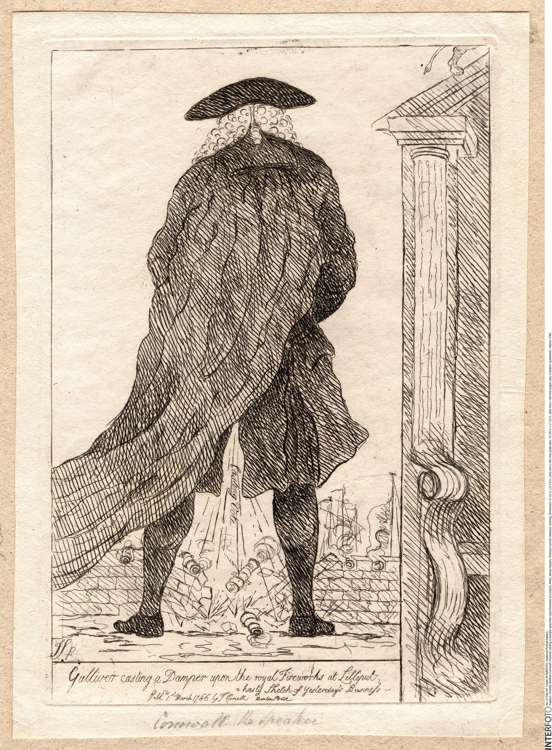 Verfassungswirklichkeit im prophetischen Sinnbild der Satire: „Gulliver verpasst dem königlichen Feuerwerk von Lilliput einen feuchten Dämpfer“. Als zielgerichteter Wasserstrahl ist hier das „casting vote“ dargestellt, die ausschlaggebende Stimme, die der Speaker im House of Commons auch gegen die Regierung abgeben kann. James Sayers karikiert in dieser Radierung von 1786 aus der Sammlung der National Portrait Gallery Charles Wolfran Cornwall, Speaker von 1780 bis 1789.