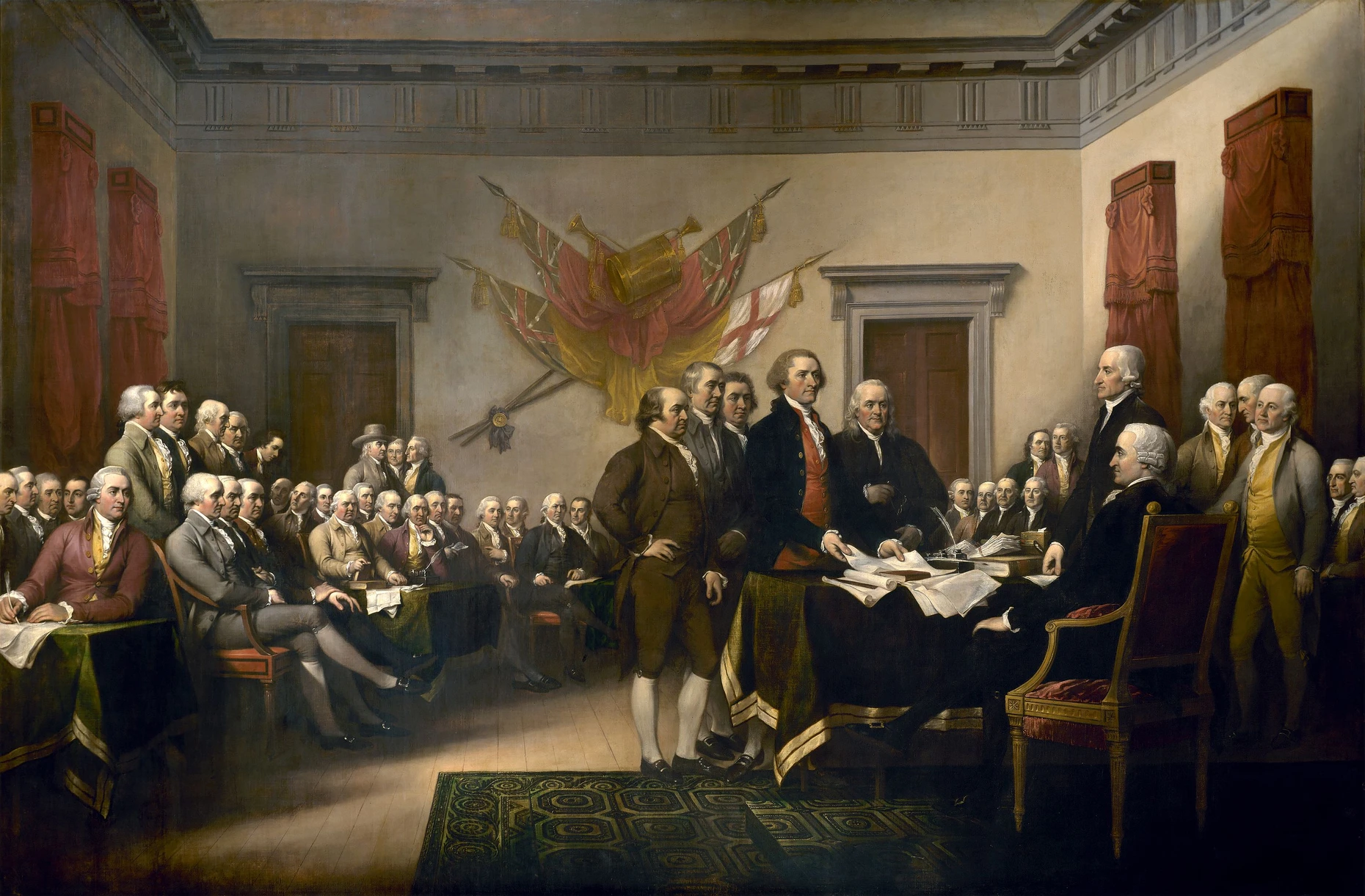 Die fünf Männer, die die amerikanische Verfassung ausgearbeitet haben, präsentieren ihren Entwurf dem Kongress: Zumindest hat der Maler John Trumbull sich das für sein Gemälde so vorgestellt.