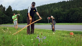 Jung und Alt lernen traditionelle Mähtechnik