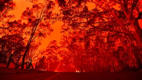 Australische Feuerwehrleute fahren durch das Inferno