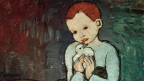 Das Kind mit der Taube geht  