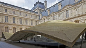 Ein wilder Löwe unter einer Düne aus Metall