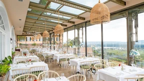 Velouté vom Bergkäse und ein Glas Grünlack mit Aussicht