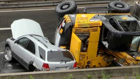 Bagger fällt auf Auto