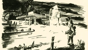 Hinter ihm brennt das Schreckenshaus