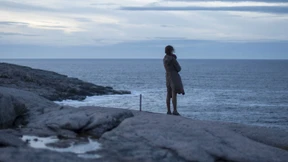 Ein schwarzer Wal steigt aus den Fluten