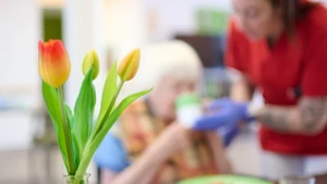 Essen: Eine Pflegekraft unterstützt eine Seniorin beim Frühstück