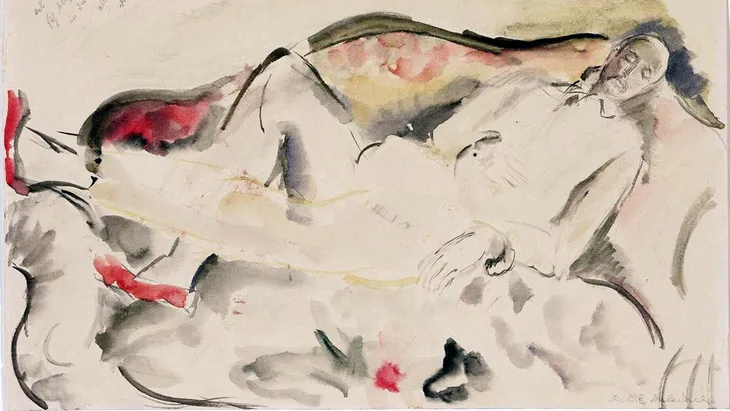 Baladine Klossowska porträtierte 1921 den ruhenden Rainer Maria Rilke in einem Aquarell.