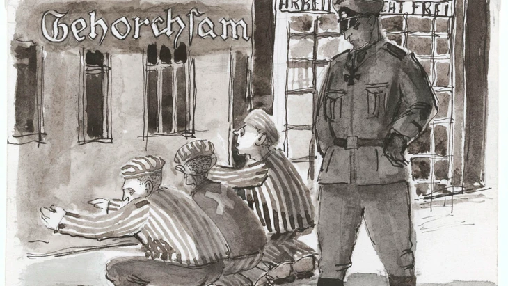 Der Alltag im Konzentrationslager: Vladimír Matějkas Aquarell „Gehorsam“ aus dem neunteiligen Zyklus „Es gibt einen Weg zur Freiheit“, Příbram, nach 1945