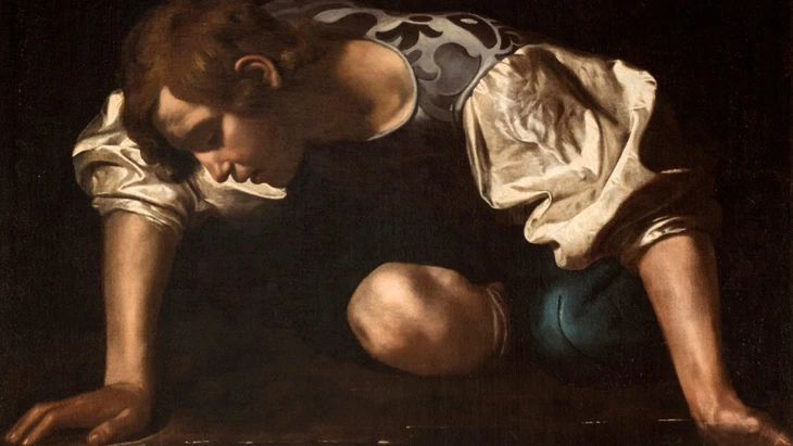 Ein dunkler Schatten breitet sich schon auf seinem blütenweißen Ärmel aus: Caravaggios selfie-verliebter „Narcissus“ aus dem Jahr 1600
