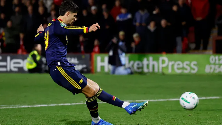 Deutscher Nationalspieler: Kai Havertz verwandelt seinen Elfmeter gegen Fleetwood, scheidet mit den „Gunners“ aber dennoch aus.
