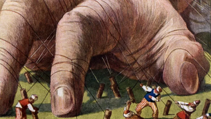 Man spürt die bedrohliche Stimmung der Entstehungszeit: Ernst Kutzer fertigte seine Illustrationen zu einer deutschen Ausgabe von „Gullivers Reisen“ im Jahr 1925 an.