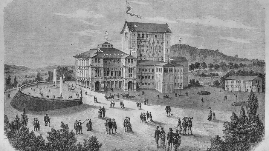 Holzstich des gerade fertiggestellten Bayreuther Festspielhauses in der „Gartenlaube“ von 1873