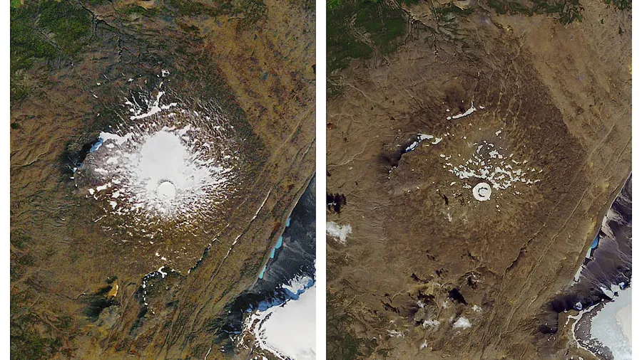 Links: Luftaufnahme des Okjökull am 14. September 1986. Rechts: 1. August 2019