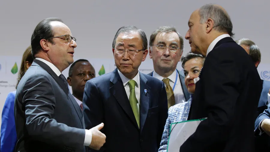 Francois Hollande, Ban Ki-moon und Laurent Fabius in Paris.