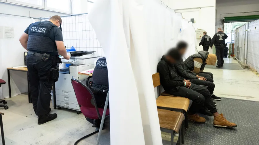 Geflüchtete warten im Oktober 2023 in der Bundespolizeiinspektion Ludwigsdorf auf ihre Vernehmung.
