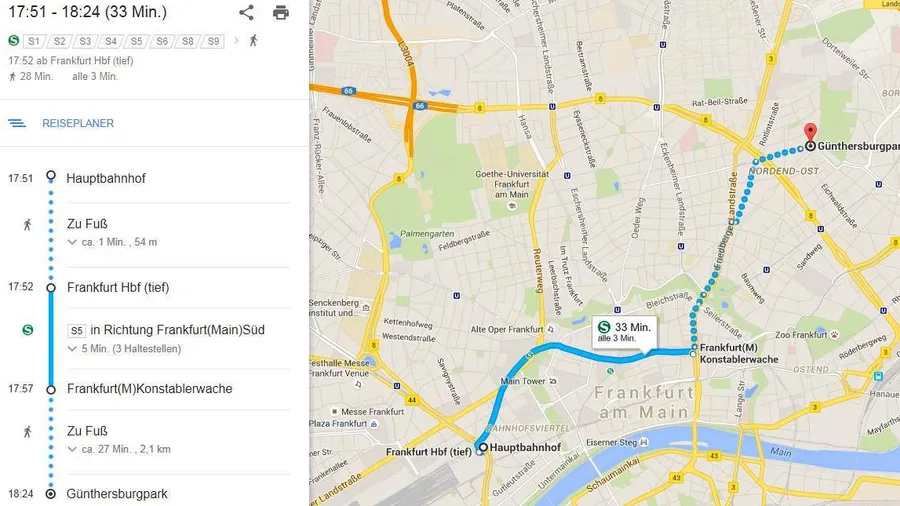 Auf Umwegen: Wer sich in Frankfurt auf den Routenplaner „Google Maps“ als Wegweiser verlässt, wird in die Irre geführt. Für die Strecke vom Hauptbahnhof zum Günthersburgpark wird nur eine Verbindung zur Konstablerwache mit einem anschließenden Fußweg von 28 Minuten angezeigt. Dabei gibt es direkt am Günthersburgpark eine Straßenbahnhaltestelle. Wer das weiß, braucht für die gesamte Strecke nur die Hälfte der Zeit.
