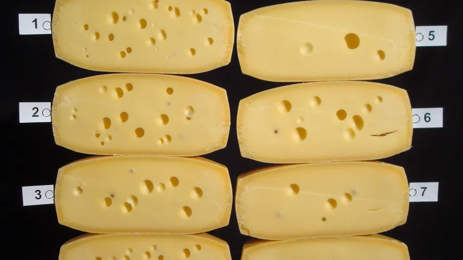Achterlei Emmentaler: Alle Käselaibe wurden aus der gleichen Milch hergestellt, den Unterschied macht die Zugabe von Präparaten, mit denen Schweizer Käseforscher die Bildung von Löchern beeinflussen – mit unterschiedlichem Erfolg