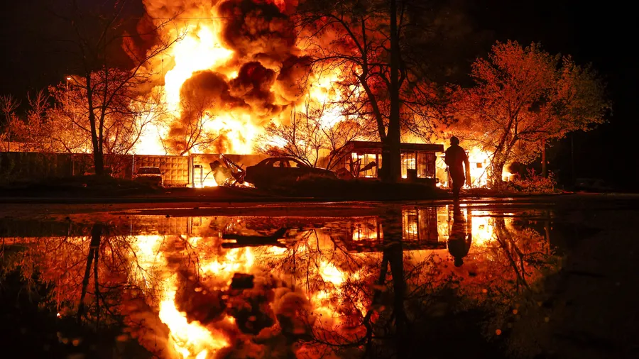 Ein Lagerhaus steht nach einem russischen Angriff im April 2026 in Flammen