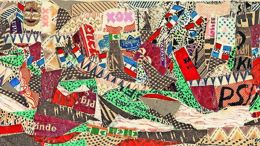 Stadt, Land, Fest: In „Quatorze Juillet“ inszeniert Louise Rösler den französischen Nationalfeiertag 1951 als Collage mit Gouache auf Papier.