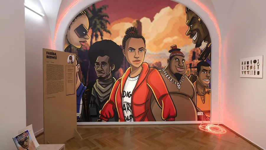 Starke Frau: Morowa verfügt über Superkräfte in dem Comic Karmzah der Autorin Farida Bedwei, hier zu sehen im Weltkulturen Museum in Frankfurt.