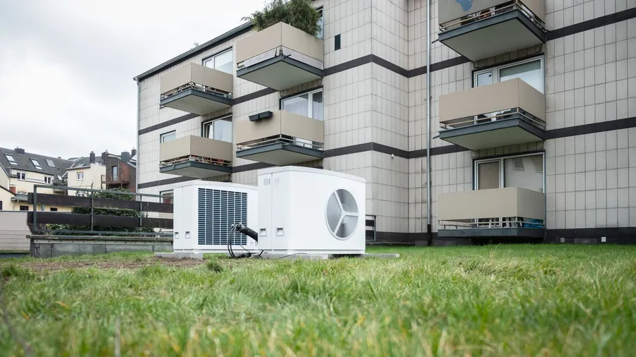Zwei Wärmepumpen auf der Wiese eines Mehrfamilienhauses
