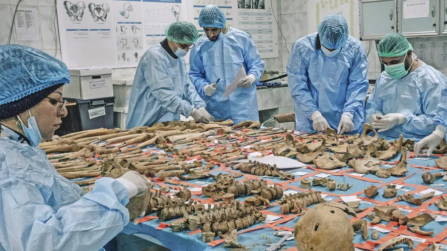 Forensische Mitarbeiter untersuchen in Bagdad die in einem Massengrab gefundenen Knochen.