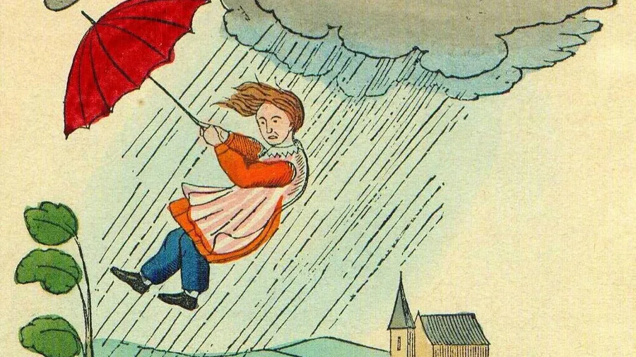 Seht! Den Schirm erfasst der Wind: Heinrich Hoffmanns fliegender Robert aus dem „Struwwelpeter“.