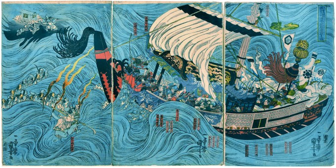 Noch ein Wellenmeister: Utagawa Kuniyoshis Darstellung des Angriffs der Heike-Geisterarmee aufs Schiff des rivalisierenden Genji-Clans, als Triptychon gedruckt 1842–44 Noch ein Wellenmeister: Utagawa Kuniyoshis Darstellung des Angriffs der Heike-Geisterarmee aufs Schiff des rivalisierenden Genji-Clans, als Triptychon gedruckt 1842–44