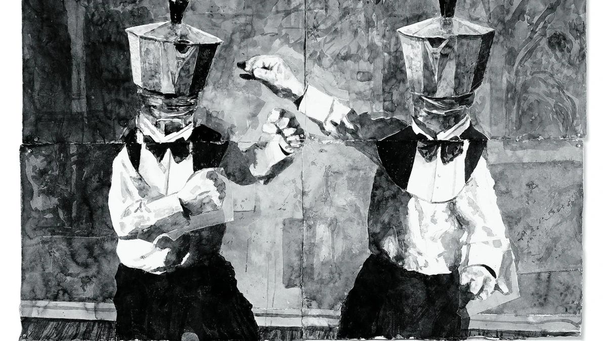 Gespräch zweier streitbarer Kaffeekannen: „I Look in the Mirror, I Know What I Need“ von William Kentridge, 2023. Tusche und Buntstift auf Papier - Museum Folkwang