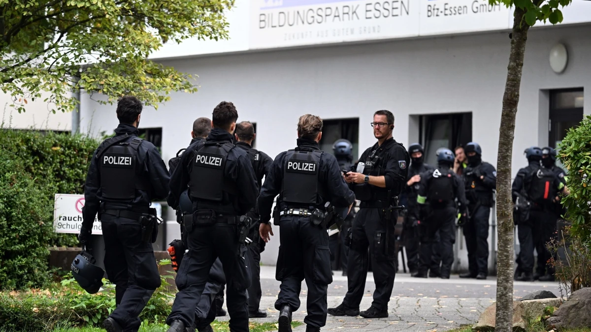 Polizisten gehen zu einem Gebäude des Bildungsparks in Essen. - dpa